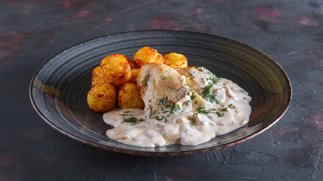 Pesce fritto con crema di patate