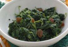 Spinaci in padella con uvetta e pinoli | Semplici e pronti in 5 minuti Contorno di verdure con frutta