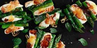 Spiedini vegani aromatizzati con asparagi e tofu