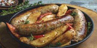 Salsicce con patate e peperoni in friggitrice ad aria