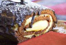 Rotolo alla nocciola con crema pasticcera e ganache fondente