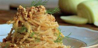 Spaghetti con pesto di finocchietto noci e melanzane fritte