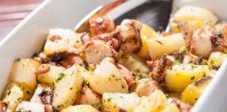 Polpo con patate e gamberi sminuzzati