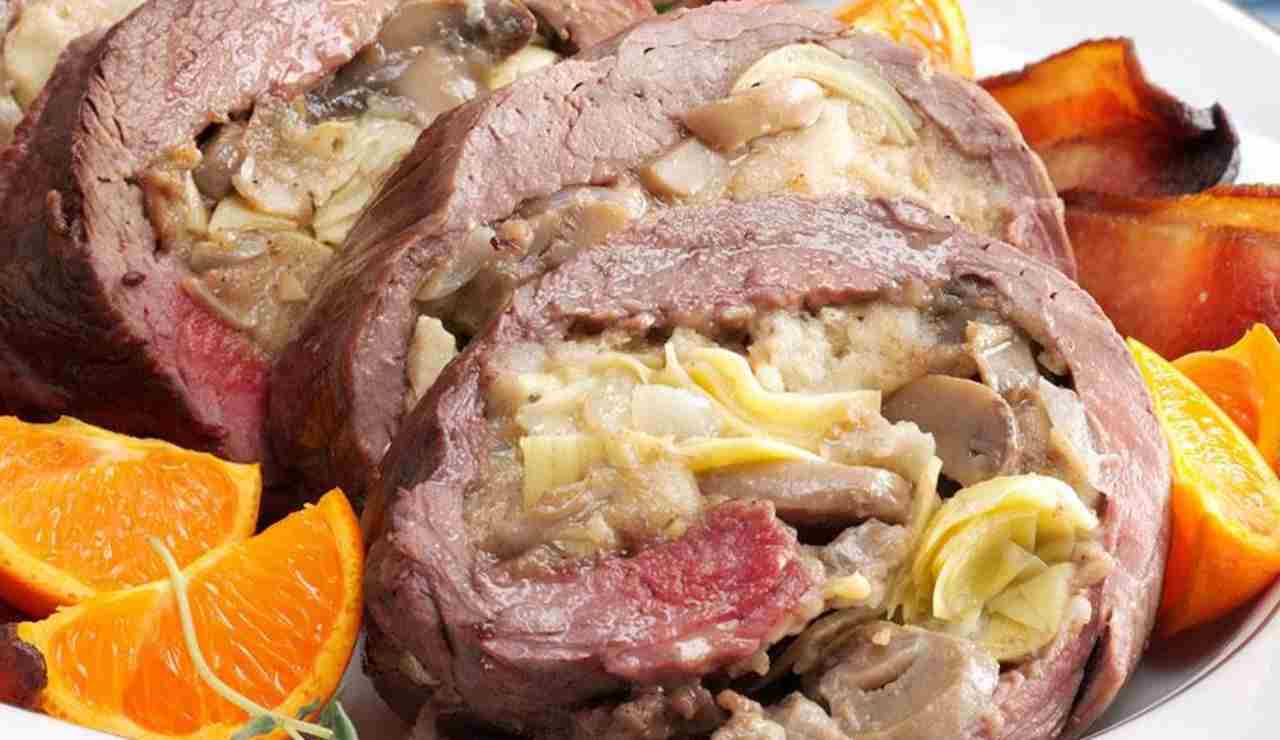 Rotolo di vitello ripieno di carciofi panna e funghi