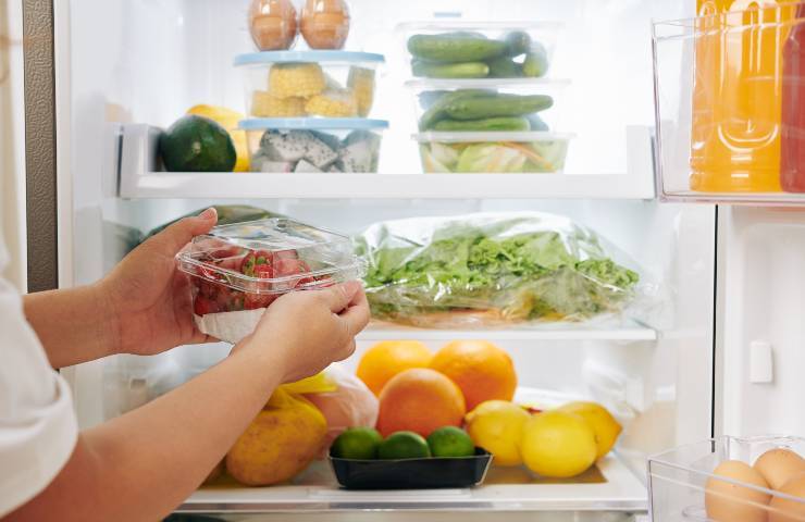Una donna ripone del cibo nel frigo