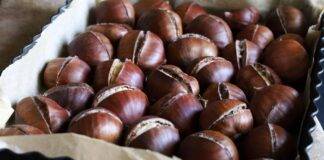 Castagne arrosto come il caldarrostaio per le piazze