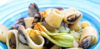 Calamarata vongole e fiori di zucca mare e terra si incontrano per dare vita ad un piatto unico