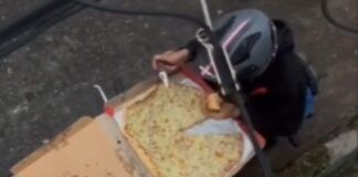 Fattorino mangia la pizza di altri: il video del furto