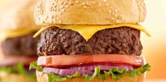 Big burger americano, meat, onion, tomato, cheese, lattuga, cucumber, servilo a cena con la patatine, fai felici tutti