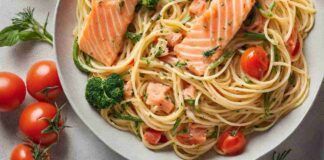 Metti la pentola, in 20 minuti ti faccio preparare un bel piatto di spaghetti con salmone e verdure, non solo buono anche nutriente ricettasprint.it