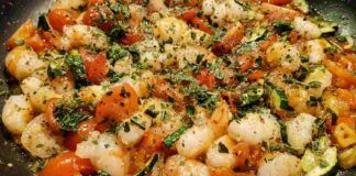 Gamberetti con verdure in padella