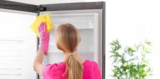 Donna che pulisce il frigo