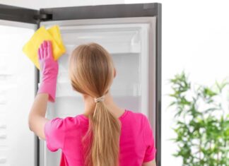 Donna che pulisce il frigo