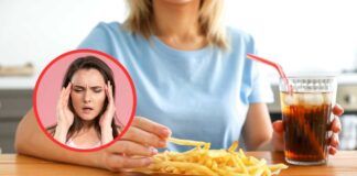 Patatine e cola e donna con emicrania