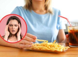 Patatine e cola e donna con emicrania