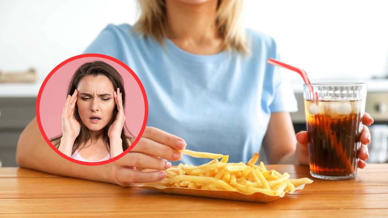 Patatine e cola e donna con emicrania