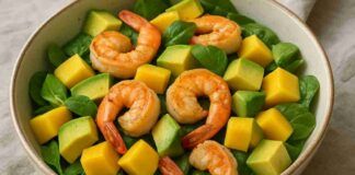 Insalata con mango avocado e gamberi