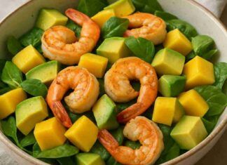 Insalata con mango avocado e gamberi