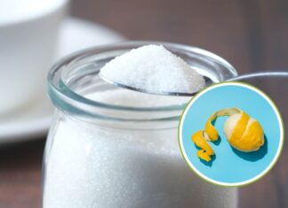 Un barattolo di zucchero e le scorze di un limone