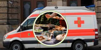 Una ambulanza e del cibo da buffet