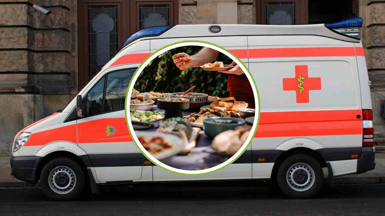 Una ambulanza e del cibo da buffet
