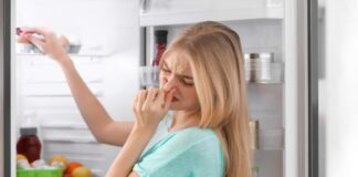 Una donna che sente della puzza dal frigo