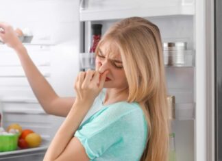 Una donna che sente della puzza dal frigo