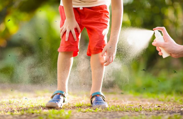 Un bambino che riceve dello spray antizanzare