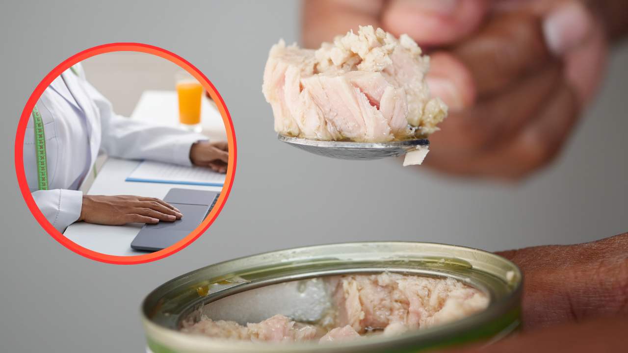 Del tonno in scatola ed un nutrizionista in piccolo