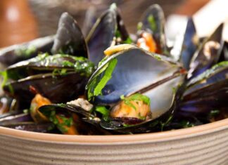 Delle cozze pulite in un contenitore capiente
