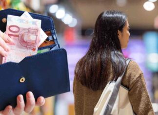 Una donna che fa la spesa e dei soldi in euro