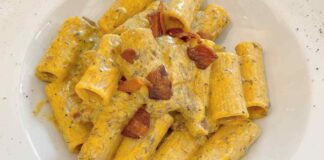 Rigatoni con crema di ciurilli e guanciale