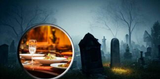 Un ristorante in piccolo ed un cimitero sullo sfondo