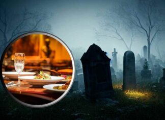 Un ristorante in piccolo ed un cimitero sullo sfondo