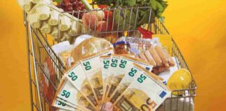 Un carrello della spesa pieno e dei soldi in euro
