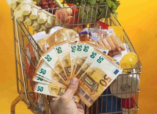Un carrello della spesa pieno e dei soldi in euro