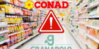 I loghi di Conad e Granarolo ed una corsia di supermercato