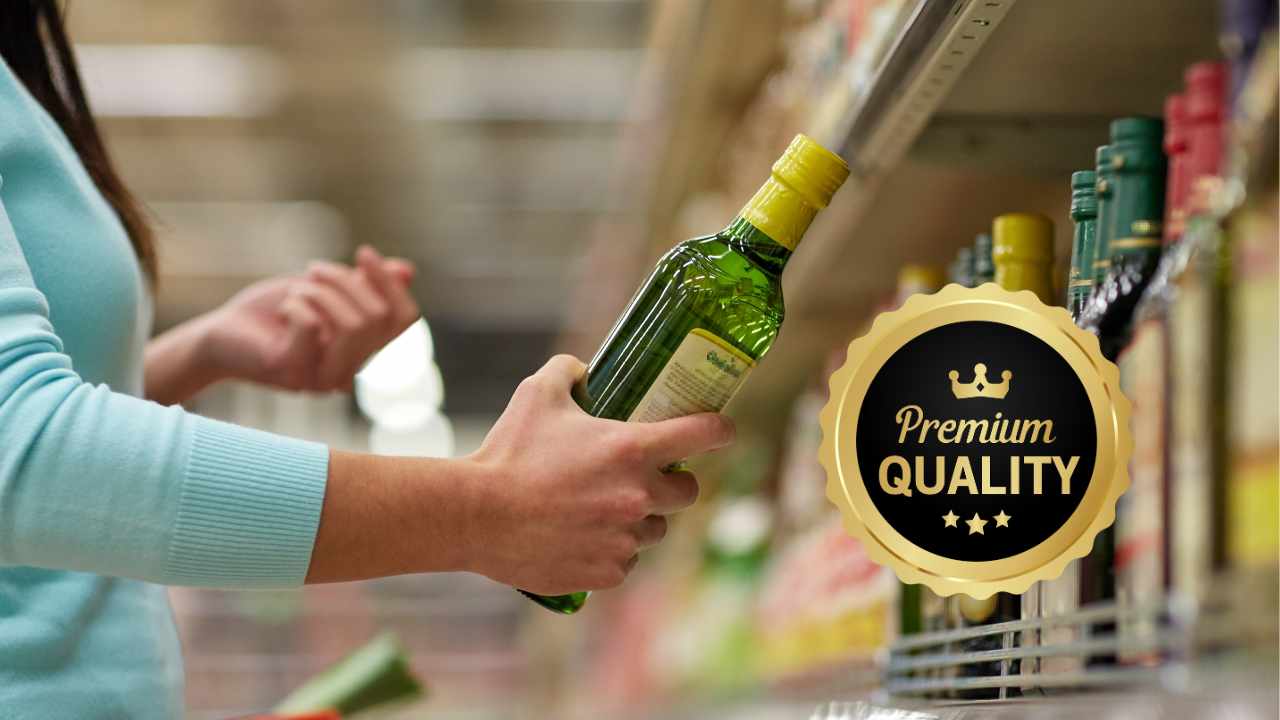 Una donna con una bottiglia di olio extravergine d'oliva