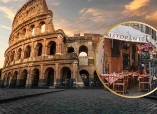 Un ristorante all'aperto ed il Colosseo