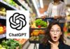 donna fa la spesa, un'altra stupita ed il logo di ChatGPT