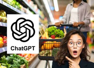 donna fa la spesa, un'altra stupita ed il logo di ChatGPT