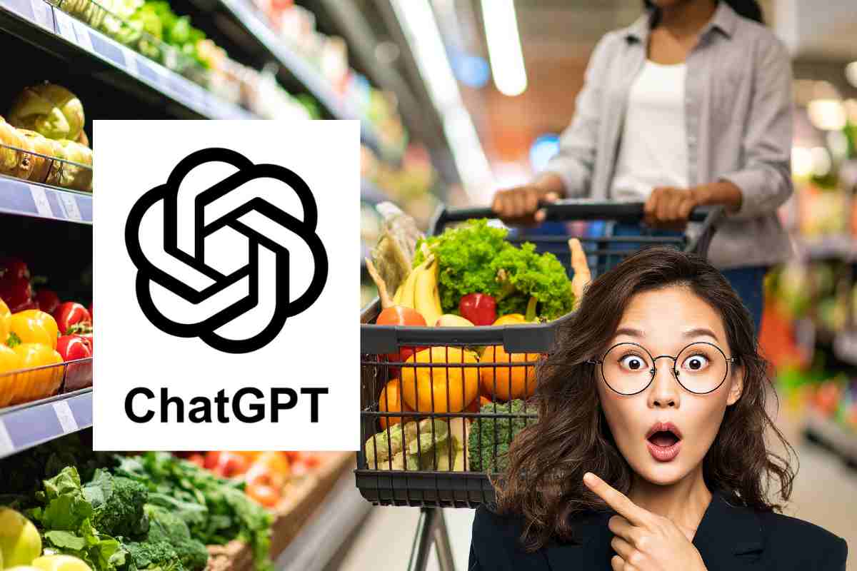 donna fa la spesa, un'altra stupita ed il logo di ChatGPT