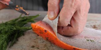 Pulizia di un filetto di salmone dalla sua pelle in corso