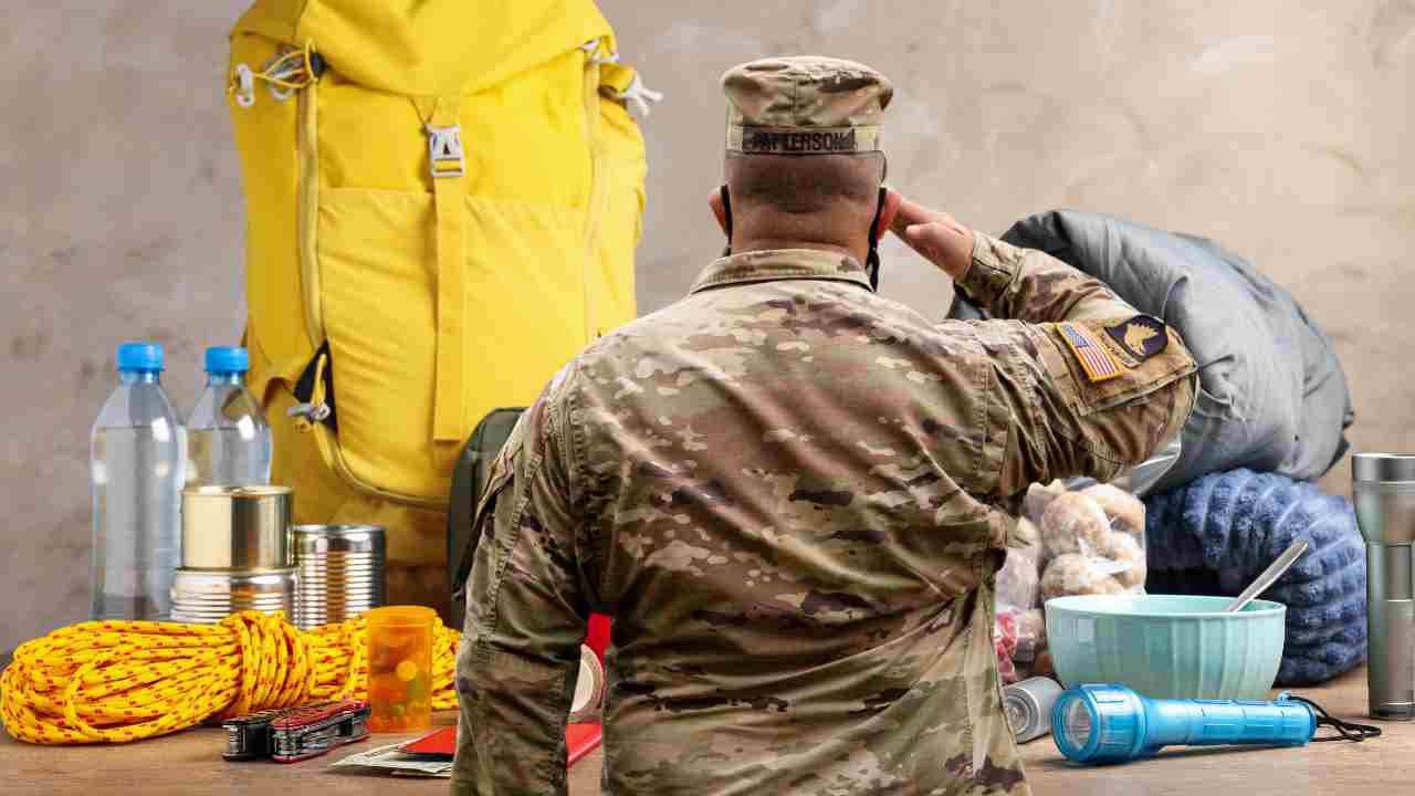 Kit di sopravvivenza ed un militare di spalle