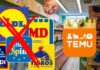 I loghi di Temu e di vari discount ed un punto vendita sullo sfondo