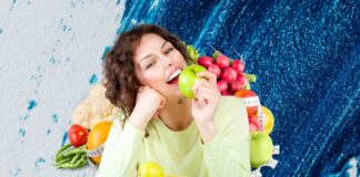 Mangiare di più per pesare di meno: i 7 alimenti che accelerano il metabolismo e fanno dimagrire Donna felice in forma con cibi dimagranti su sfondo bianco e blu