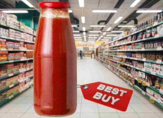 Bottiglia di passata di pomodoro e corsia di supermercato
