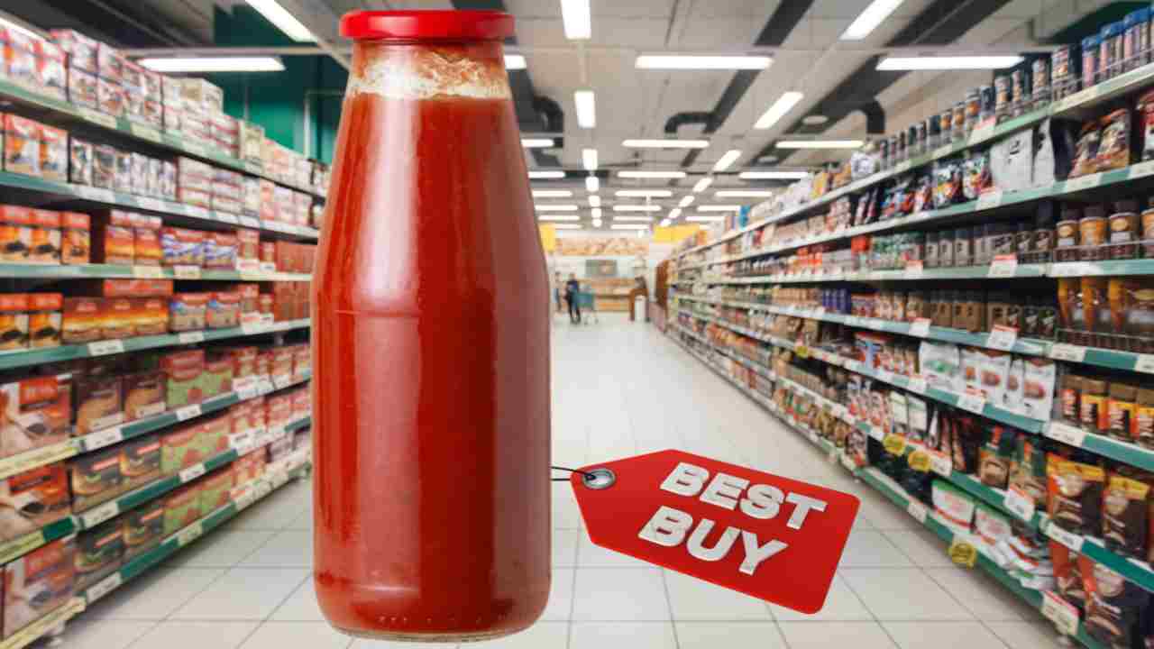 Bottiglia di passata di pomodoro e corsia di supermercato