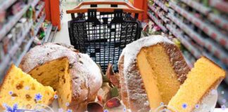 Pandoro e panettone ed un carrello al supermercato come sfondo