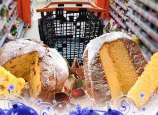 Pandoro e panettone ed un carrello al supermercato come sfondo